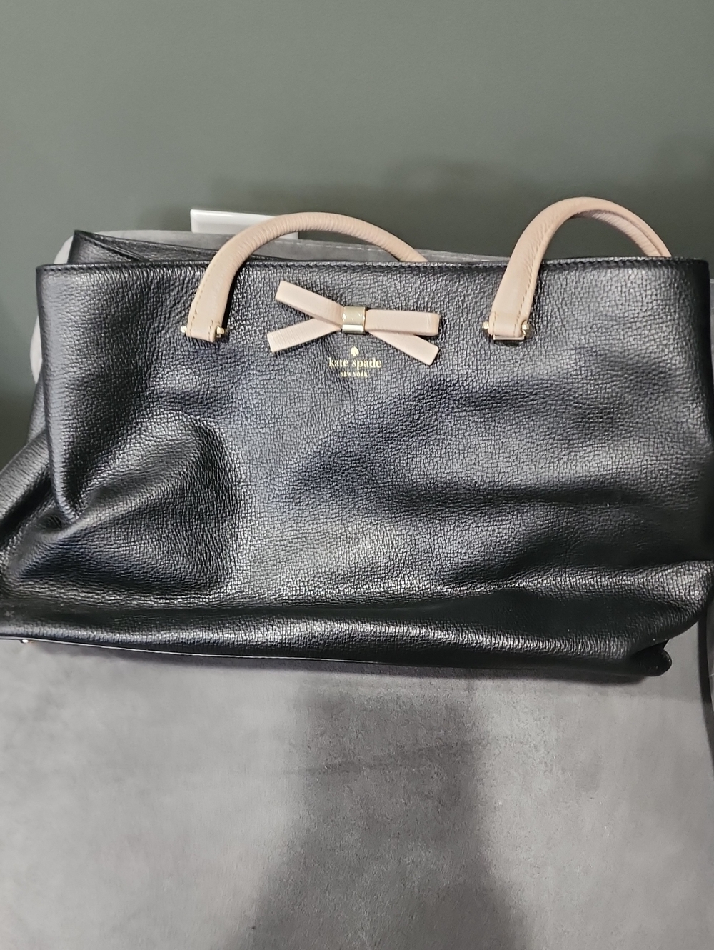 kate spade Black Leather Tote with Beige Handles and Bow Accent